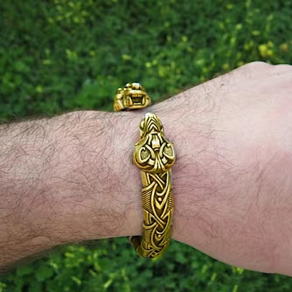 Gold Wolf Head Viking Norse Knotwork Cuff Bangle Bracelet - Picture 2 of 6